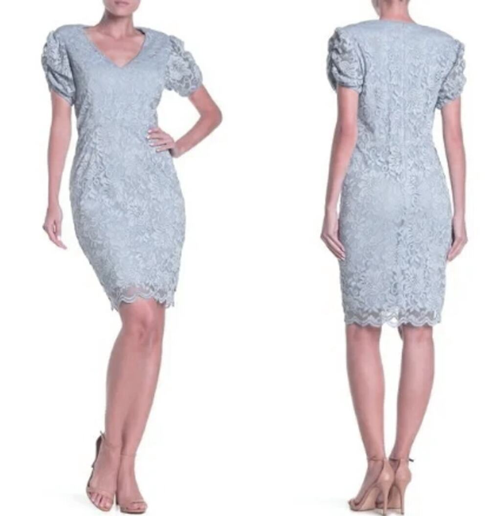 Marina Light Blue Metallic Lace Sheath Dress Womens 10 Puff Sleeve Scalloped Hem